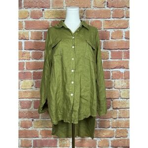 Wrap London Women's Size 8 Green 100% Linen Button Front Top Long Back